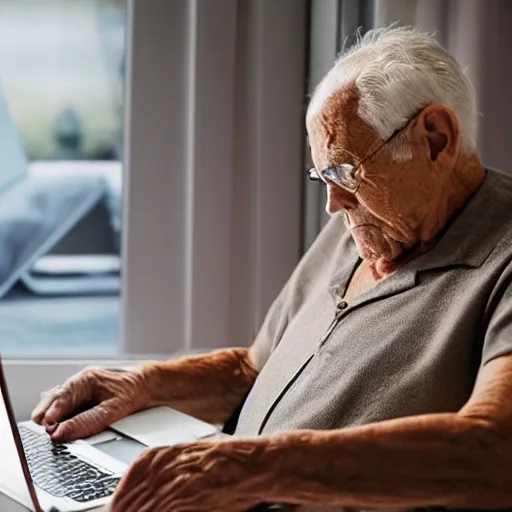 Image similar to elderly man sitting in a casket browsing internet on laptop from a casket casket