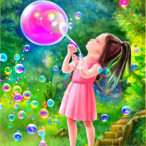 Prompt: a little girl in a beautiful garden blowing bubbles. beautiful cartoon painting art, high quality, detailed face