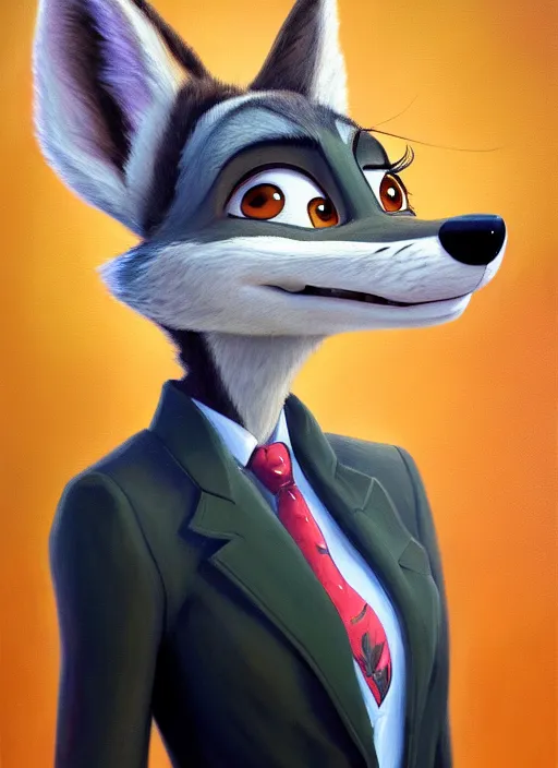 Image similar to oil painting of detailed full body of anthromorphic female wolf, in style of zootopia, zootopia, zootopia, fursona, furry, furaffinity, 4 k, deviantart, furry art, fursona art, wearing black business suit, business suit, in style of zootopia, wolf fursona, cyberpunk, female, expressive detailed feminine face,