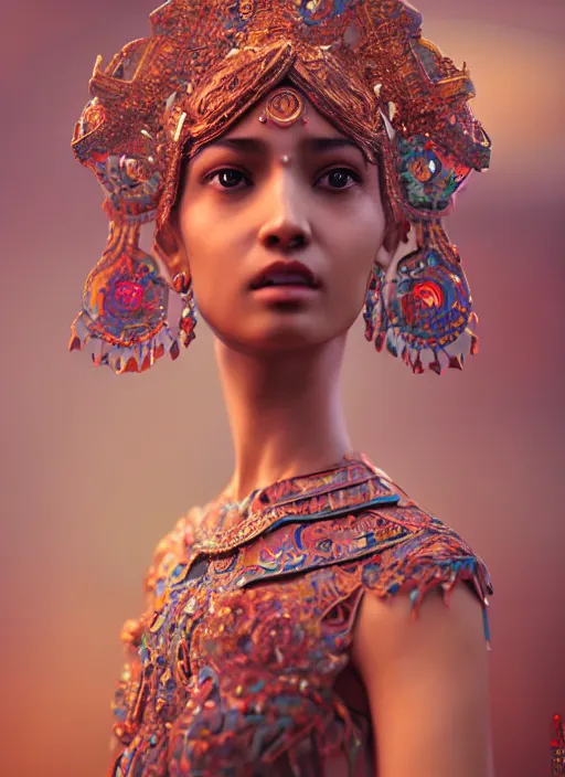 Image similar to a photo - real delicate sculpture of an ornate detailed oriental girl in front of a intricate background by aj fosik, micro detail, backlit lighting, octane renderer, colorful, physically based rendering, tribal art, trending on cgsociety