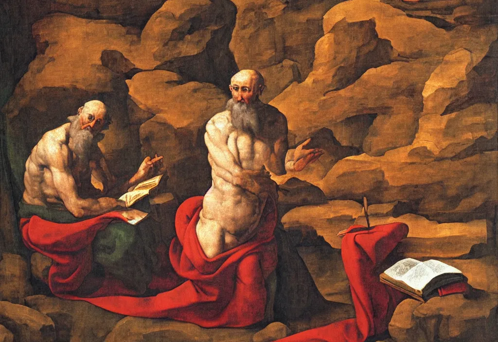 Image similar to saint jerome in the cave translating the bible into vulgate oil painting in the style of michelangelo