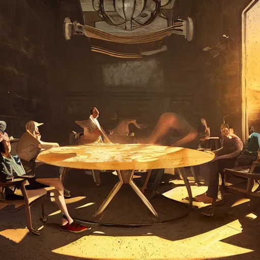 Image similar to a table with 1 0 people all sitting, buisness, vintage decor, illumanati, serious, craig mullins, warm sunlight threw the roof, dust particles illuminated in the sun beam,