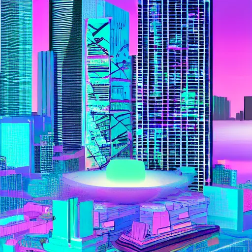 Image similar to vaporwave city, Miami at night. Digital painting. Beeple. Banksy