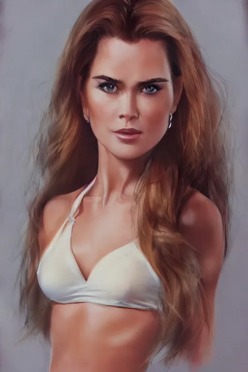 Image similar to mix of beautiful young maria shriver, mariel hemmingway, brooke shields, nicole kidman and elle macpherson as a young bikini model, thin lips, hair tied up in a pony tail, dark blonde hair, colorful, artstation, cgsociety