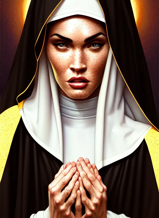 Image similar to portrait of megan fox as a nun praying, catholic, church, bible, christian, intricate, headshot, highly detailed, digital painting, artstation, concept art, sharp focus, cinematic lighting, illustration, art by artgerm and greg rutkowski, alphonse mucha, cgsociety