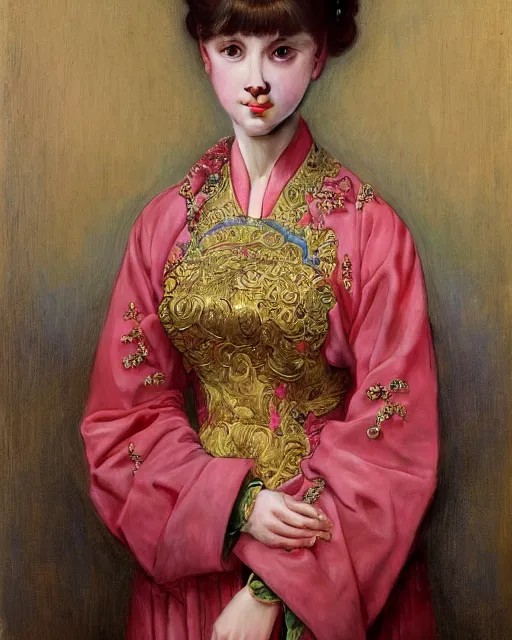 Prompt: a girl who resembles a 16-year old Audrey Hepburn and Scarlett Johansson, dressed in ornate, detailed, intricate Chinese imperial robes, detailed oil painting by William Adolphe Bouguereau and Donato Giancola