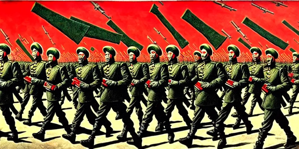 Image similar to army parade glorious march, futuristic alternate timeline, anarcho - communist hordes, red and black flags, art by max ernst, stalin - era propaganda