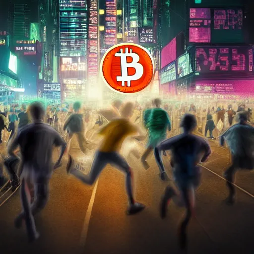 Image similar to crowd running of bitcoin, cyberpunk art, hyper-realistic, 4k