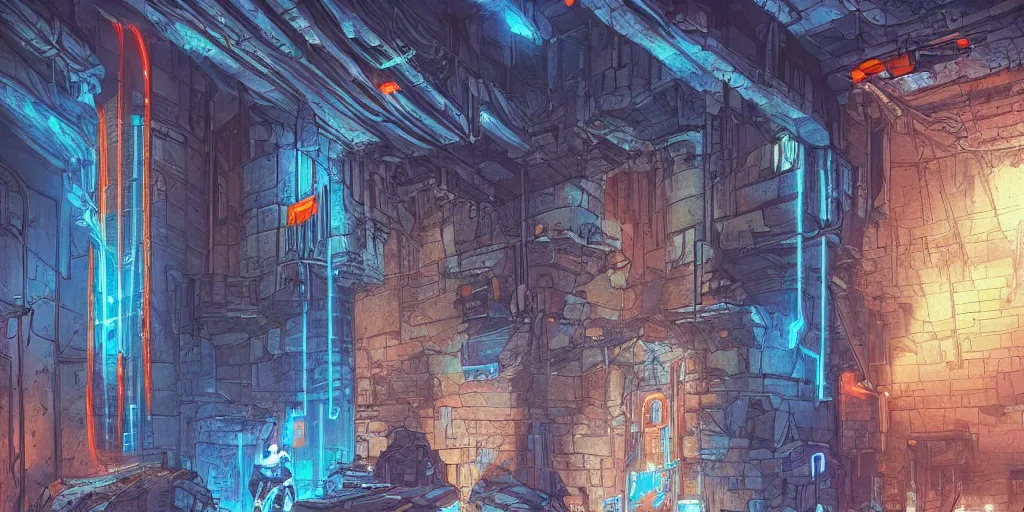 Image similar to cyberpunk dungeon, ancient caves, blue and orange neon lines along the wall, bluestone walls, trending on artstation, ancient ruines, transitional design