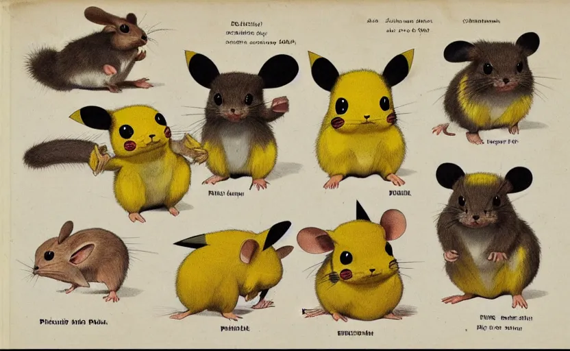 Image similar to scientific illustration of Pichu, Pikachu, and Raichu. Evolutionary line, comparative anatomy of electric mice.