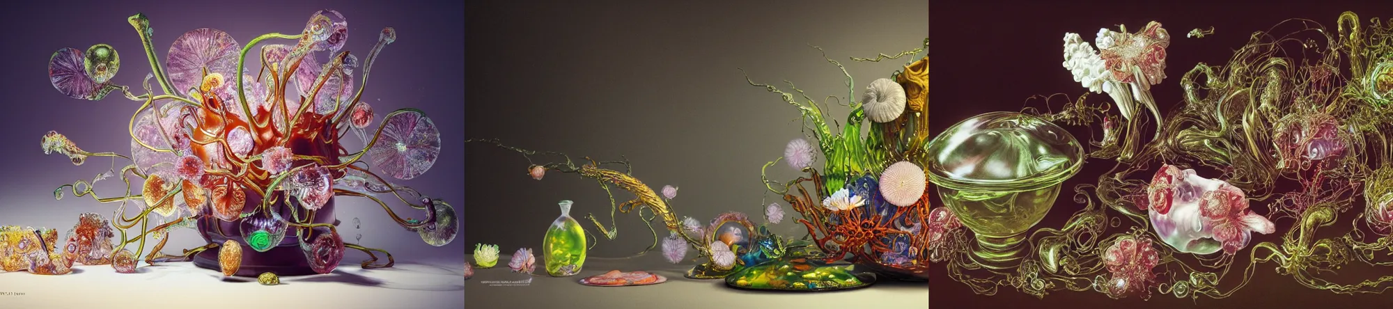 Prompt: ultradetailed flash photo of reailistic still life with jelly flowers by ernst haeckel, amano, caravaggio, roger dean and andrei tarkovsky, lovecraftian horror, slime, tentalces, wide angle, cinematic, octane render, bokeh, unreal engine, 4k 3d render