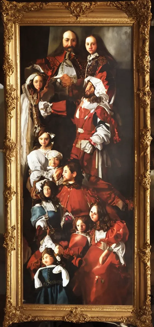 Prompt: oil paint in canvas of family portrait in the main room of the castle, dark room, one point of light trough a big window. baroque style 1 6 5 0, high details on clothes, realistic faces and expressions, space between subjects inspired by diego velasquez