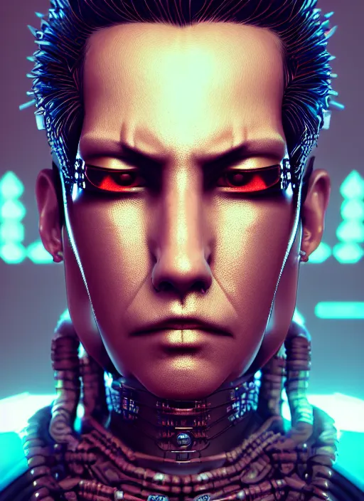 Image similar to portrait of a cyberpunk yakuza raver gutter punk cyborg, golden ratio, details, scifi, dark fantasy, cyberpunk, intricate, ornate, highly detailed, octane render, 8 k, artstation, loish, wlop