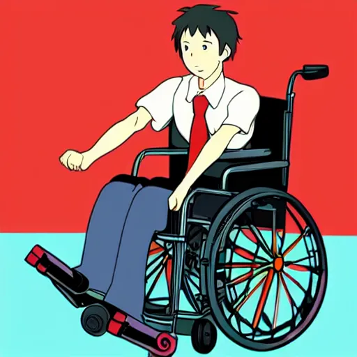 Image similar to a wholesome animation key shot of a handsome a wheelchair guy fitness posing, studio ghibli, pixar and disney animation, sharp, dramatic lighting