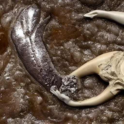 Prompt: scientists hands holding the fossilized remains of a mermaid that resembles the starbucks logo