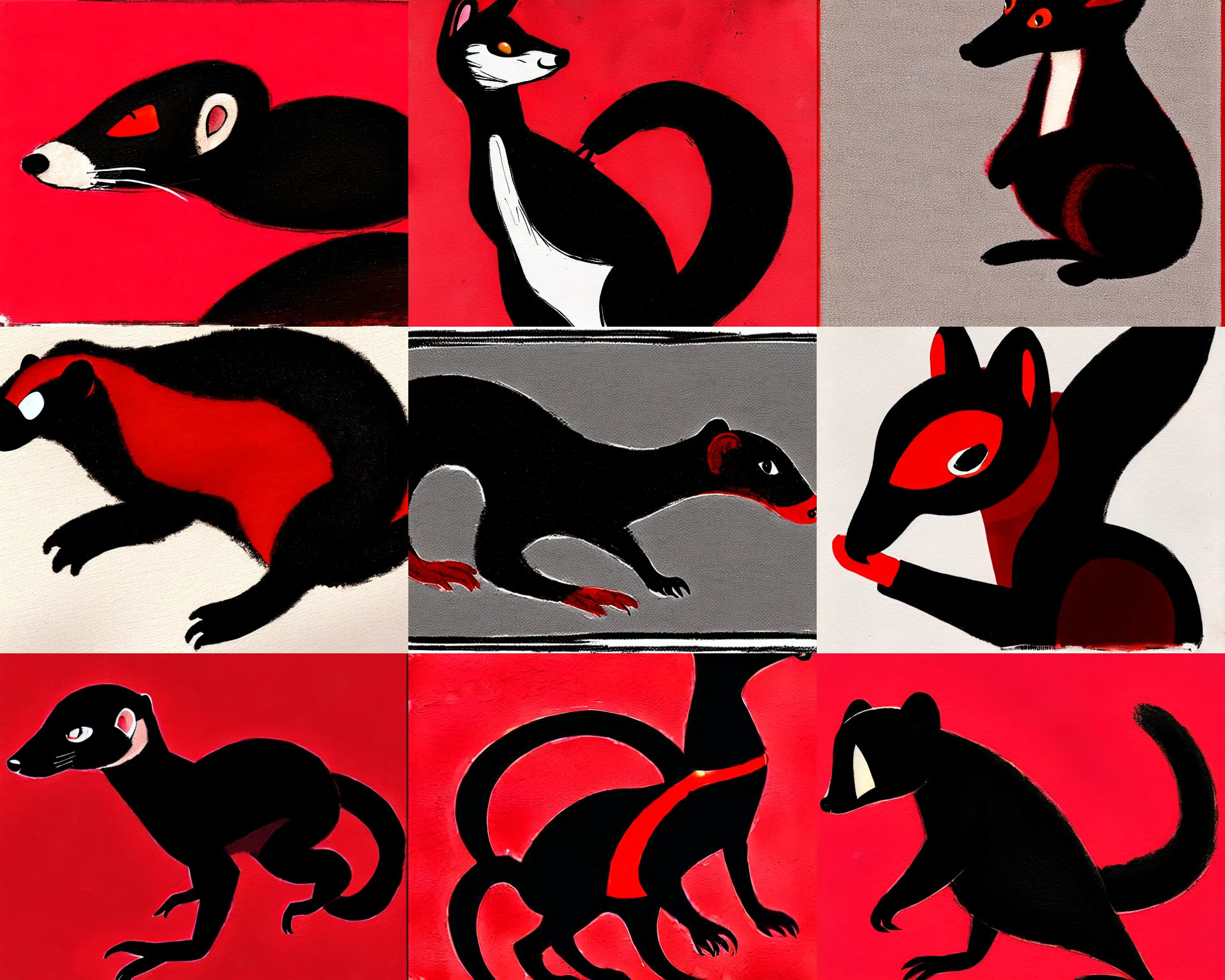 Prompt: red - and - black weasel / stoat fursona ( furry fandom ), neo - noir setting, detective fiction art tone, small brush strokes, black pen outlines and detailing