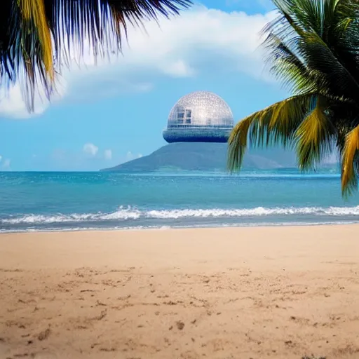 Image similar to a beautiful beach front clear skies, crystal clear water with the death star in the backround, ultra hd