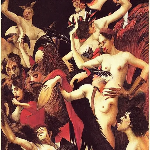 Prompt: A beautiful illustration of a large, dragon-like creature with sharp teeth, talons, and a long tail. The creature is looming over a small group of people who appear to be in distress. Moulin Rouge! by Caravaggio, by Gerhard Munthe frightful
