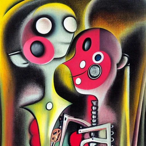 Image similar to Oil painting by Roberto Matta. Strange mechanical beings kissing. Portrait by Yoshitomo Nara.