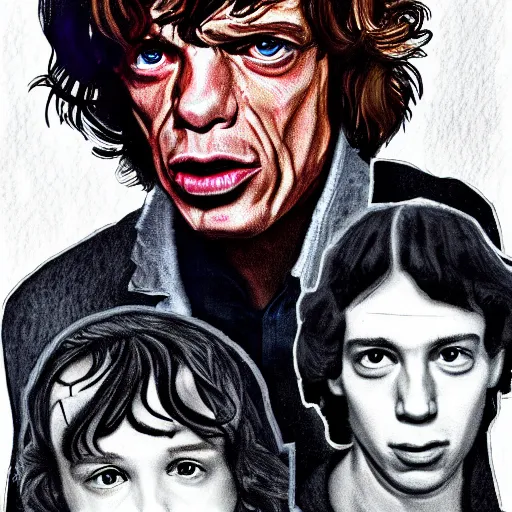 Image similar to Mick Jagger illustrated in the style of Stranger Things cover art