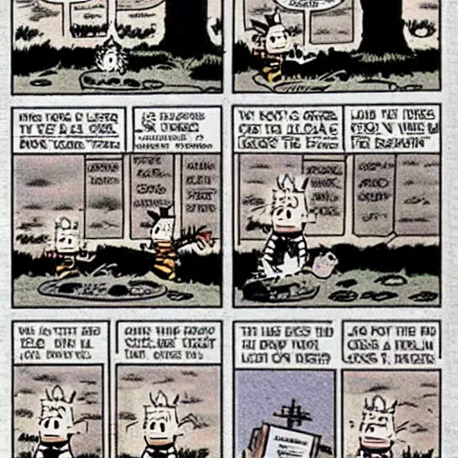 Image similar to calvin and hobbes got really dark all of a sudden. newspaper strip from the 1 9 8 0 s