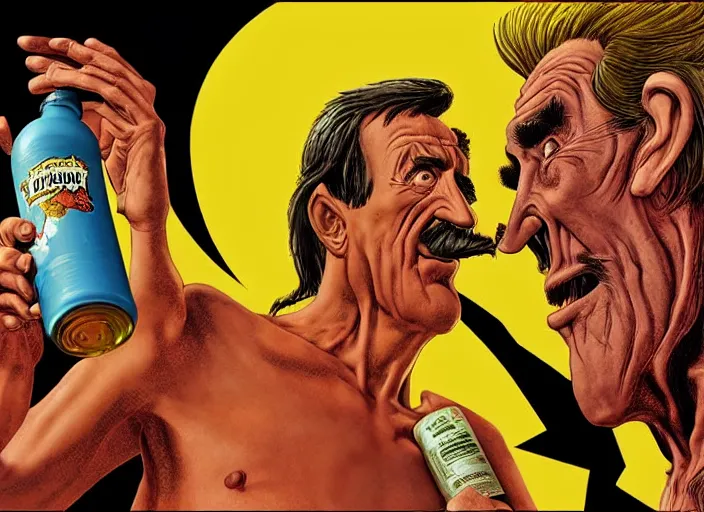 Image similar to barry chuckle chugging a bottle of snake oil, artwork by richard corben, 3 d, high resolution 8 k