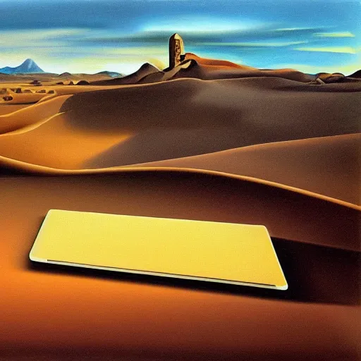 Image similar to laptop in the desert, high detailed high quality painting by salvador dali, hd, photorealistic lighting