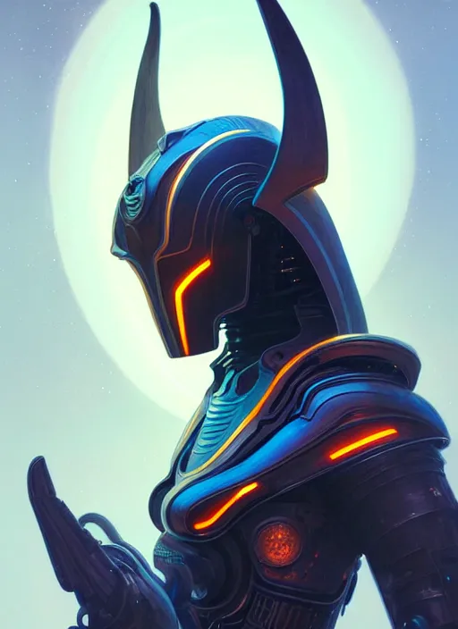 Image similar to portrait of an Anubis, sci-fi armour, tech wear, glowing lights!! sci-fi, intricate, elegant, highly detailed, digital painting, artstation, concept art, smooth, sharp focus, illustration, art by artgerm and greg rutkowski and alphonse mucha