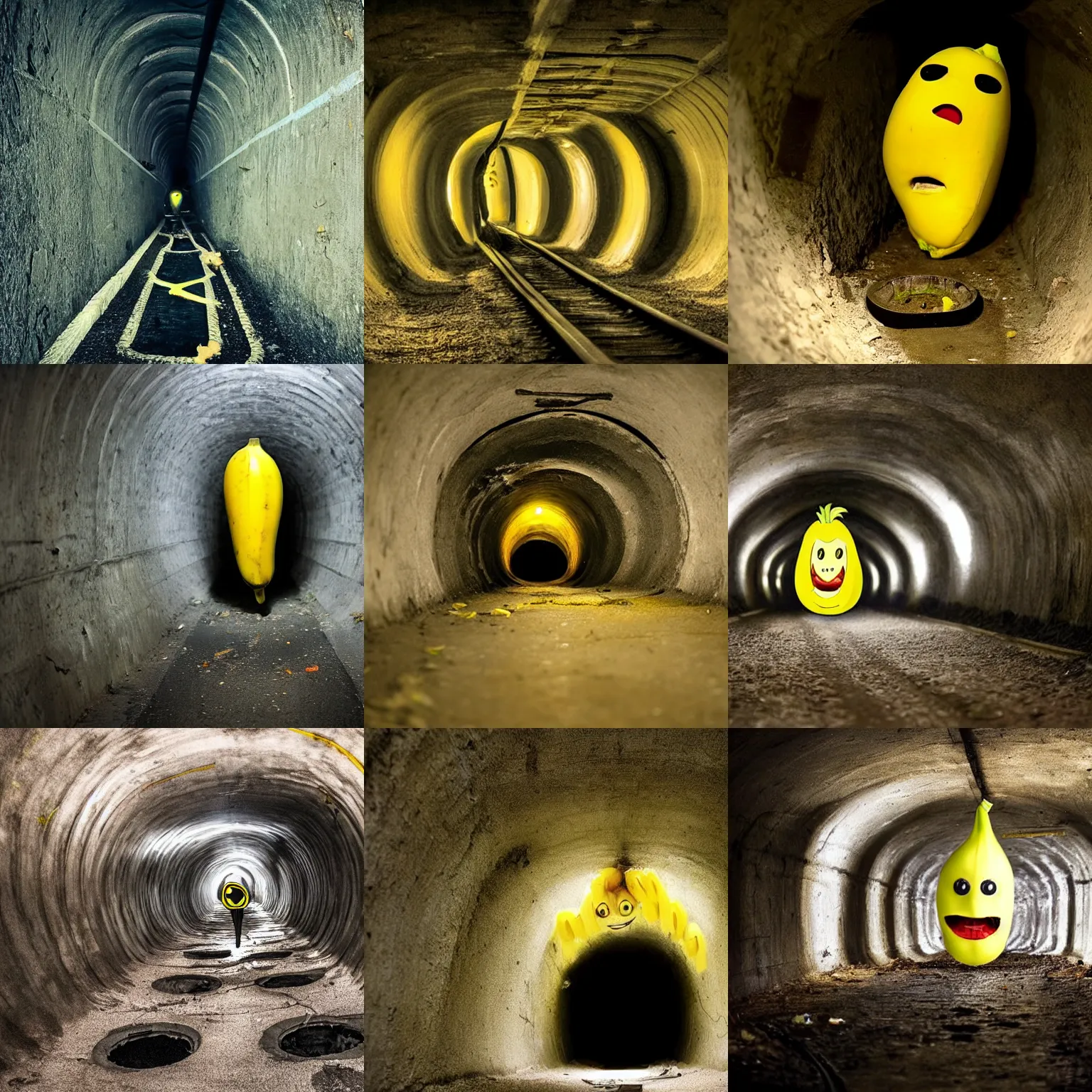 Prompt: evil Banana in sewers tunnel, dark lighting, real life photo, trending on deep web