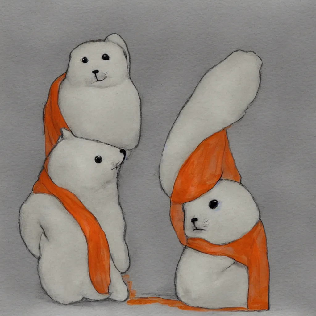 Image similar to a baby harp seal in an orange prisoner jumpsuit at the witness stand, courtroom sketch