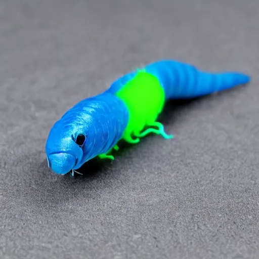 Image similar to studio photograph of a matte dark gray worm with a neon blue head and tail