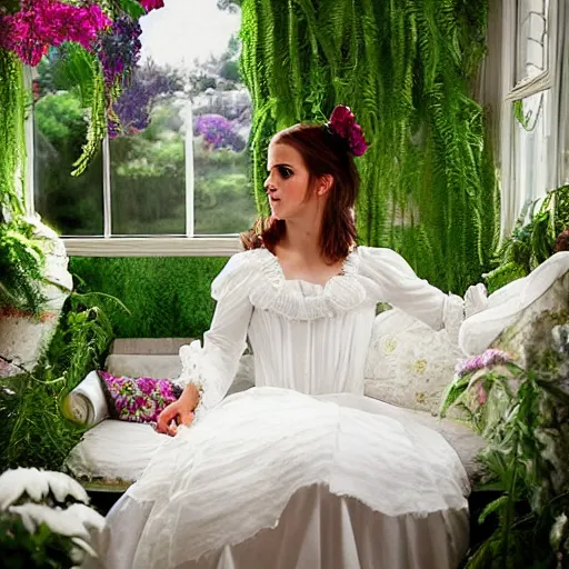 Image similar to fantasy, glow, shimmer, emma watson as victorian woman in a long white frilly lace dress and a large white hat having tea in a sunroom filled with flowers, roses and lush fern flowers ,intricate, night, highly detailed, dramatic lighting , high quality