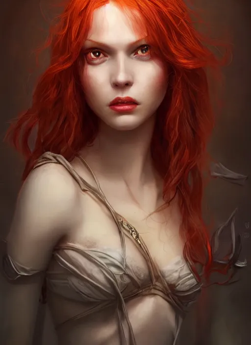 Image similar to Beautiful redhead girl which chest wrapped in bandages, portrait, fantasy, medieval, vivid colors, fantasy, elegant, concept art, sharp focus, beautiful face, digital art, Hyper-realistic, 4K, Unreal Engine, Highly Detailed, HD, Dramatic Lighting by Brom, trending on Artstation