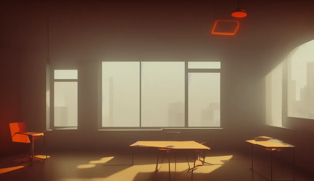 Image similar to an eco brutalist room with small windows, orange neon lights, dramatic lighting, hyper realistic, photography, 3 5 mm, kodak film, 8 k, octane render, unreal engine render, concept art, volumetric lighting, foggy