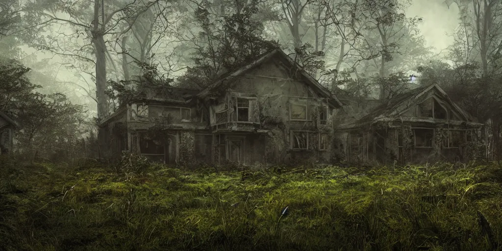 Image similar to photorealistic, ruined english bungalow, overgrown vegetation, in the forest, apocalypse, night, fog, shadowy creatures lurking in foliage, hyperrealistic, grimdark, artstation