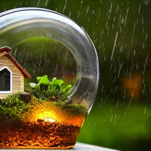 Image similar to a thunderstorm over a wooden cottage inside a terrarium bottle.