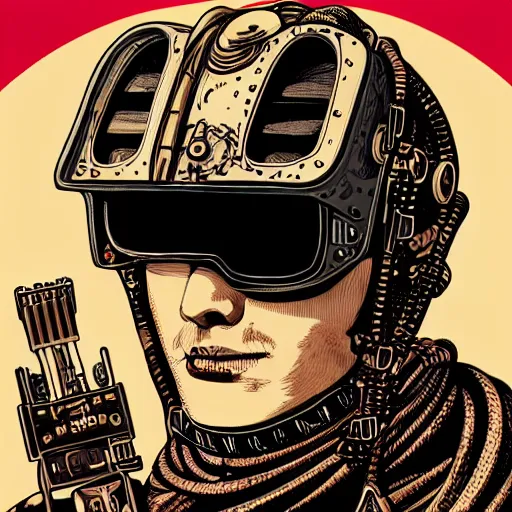 Image similar to Illustrated by Shepard Fairey and H.R. Geiger | Steampunk Mad Max with VR helmet, surrounded by cables