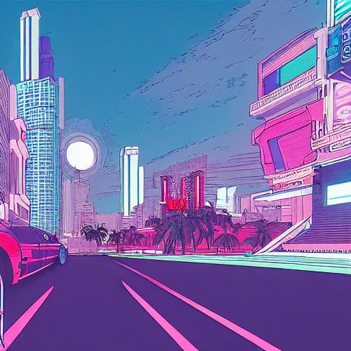 Prompt: miami south beach by mœbius, wide shot, realistic, cyberpunk 2 0 7 7, blue hue, gta v loading screen art, blade runner 2 0 4 9 concept art, cel shading, thick lines, artstation, art by stephen bliss