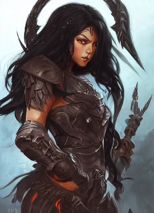 Image similar to beautiful warrior lady, black long hair, practical armor, brown skin, demonic eyes, low fantasy, extremely detailed, sharp focus, smooth, digital illustration, by rossdraws, frank franzzeta, sakimichan