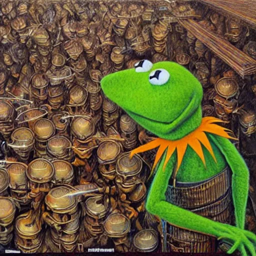 Prompt: kermit the frog shooting heroin by Peter Gric,