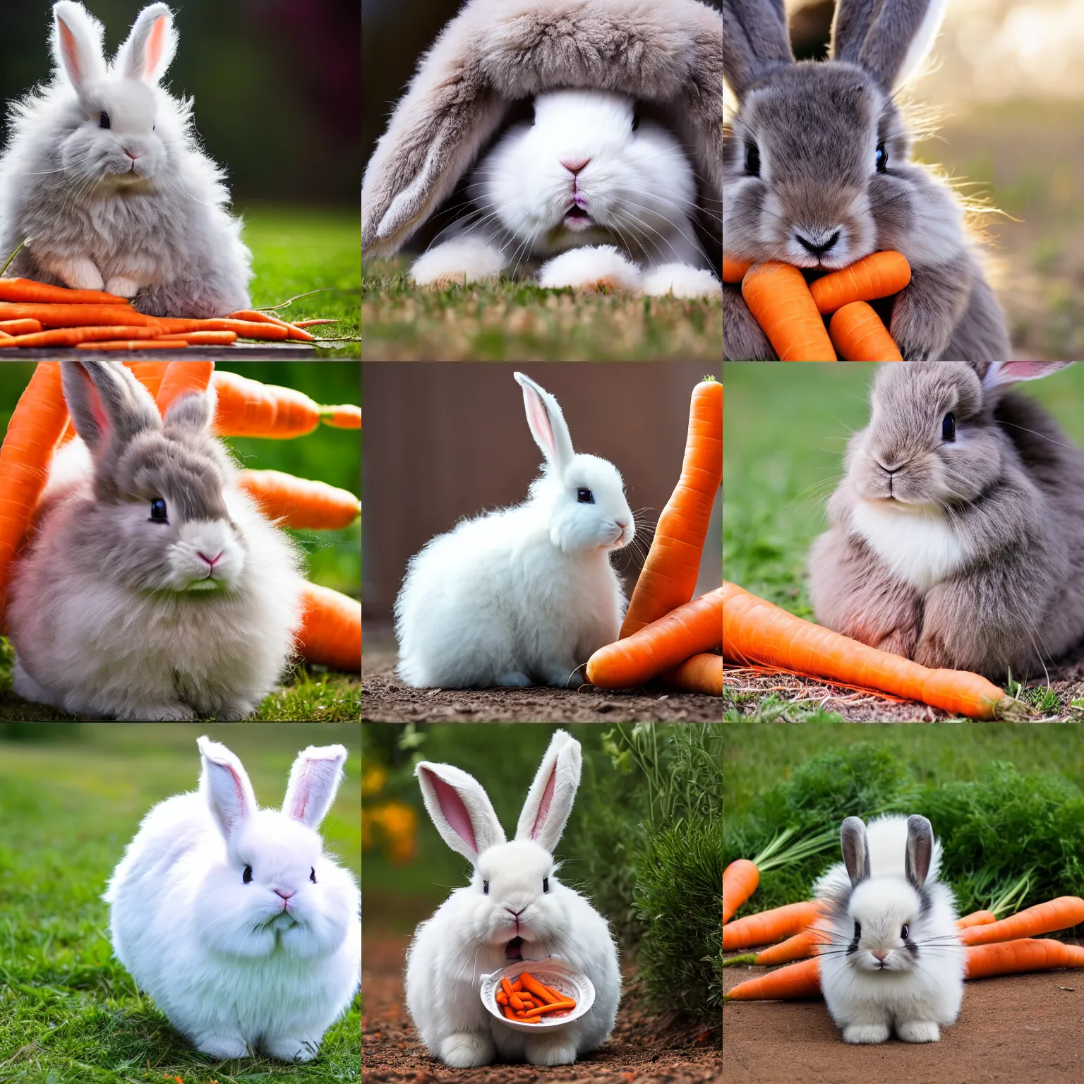 Prompt: a fluffy bunny stealing carrots, cute, hairy, photograph, very fluffy, 4 k, adorable, small, defenceless