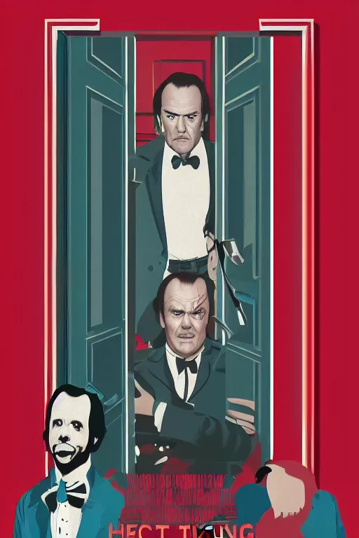 Prompt: a movie poster for the film the shining featuring a prominent portrait of jack nicholson and a stylised elevator in the style of wes anderson.