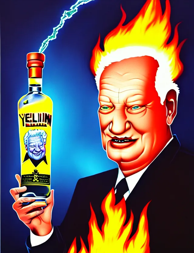 Prompt: yeltsin with a halo of fire holding a bottle of vodka in his hands, scary art in color, detailed art