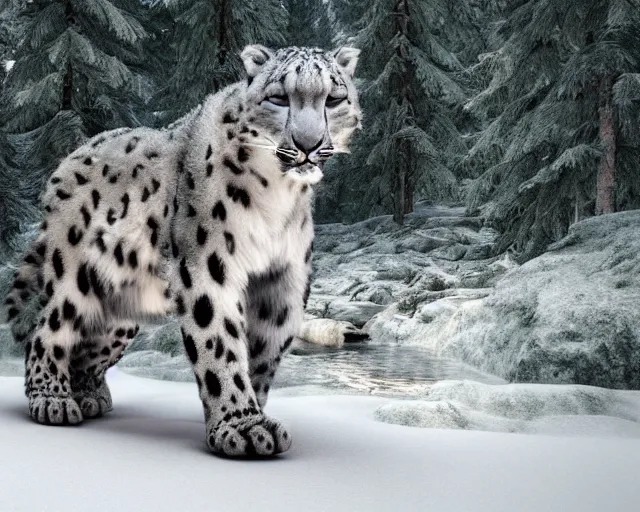 Image similar to a snow leopard standing on a riverbank in a snowy forest forest, natural lighting, very coherent, ultra realistic, concept art, intricate details, highly detailed, photorealistic, octane render, 8 k, unreal engine