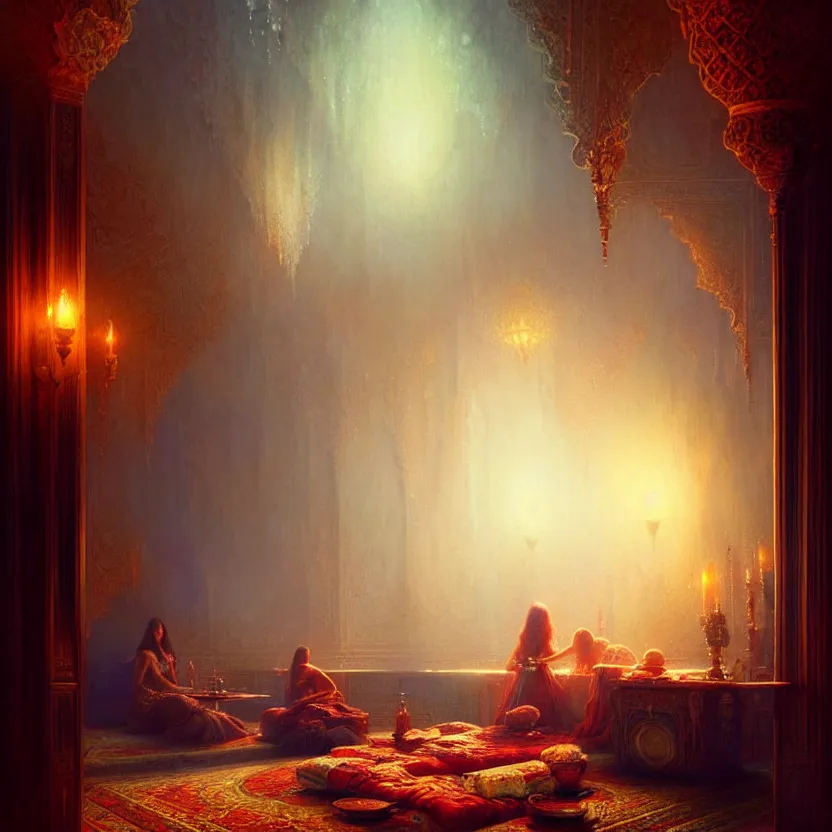 Image similar to magic fluffy Persian carpet dimension, by Greg Rutkowski and Gaston Bussiere, dim lighting, beautiful volumetric-lighting-style atmosphere, surreal atmosphere, intricate, detailed, photorealistic imagery, artstation