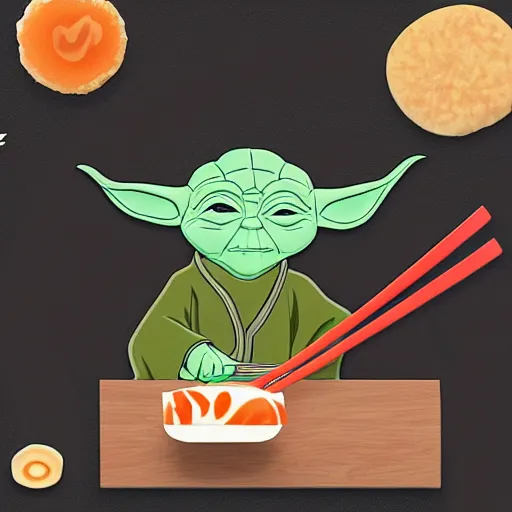 Prompt: yoda eating sushi with wood chopsticks, detailed, illustration, 2d, 4k