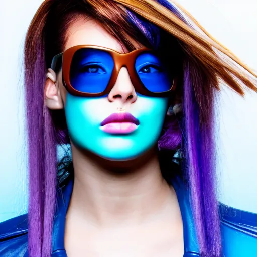 Image similar to closeup painting of a very beautiful young mexican cyberpunk woman with light blue shutter shades, one side haircut, long brown hair with light blue ends, purple leather jacket