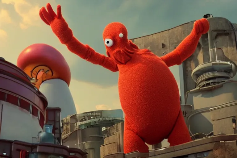 Image similar to zoidberg in a live action futurama movie, 3 d rendered, 3 d rendering, dramatic lighting, unreal engine