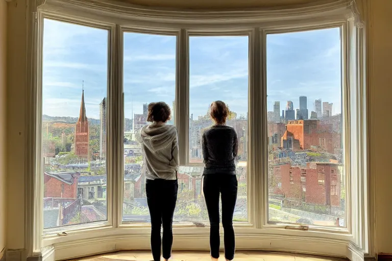 Prompt: a picture of us looking outside bay windows and seeing our utopian city, attention grabbing, golden hour, award winning