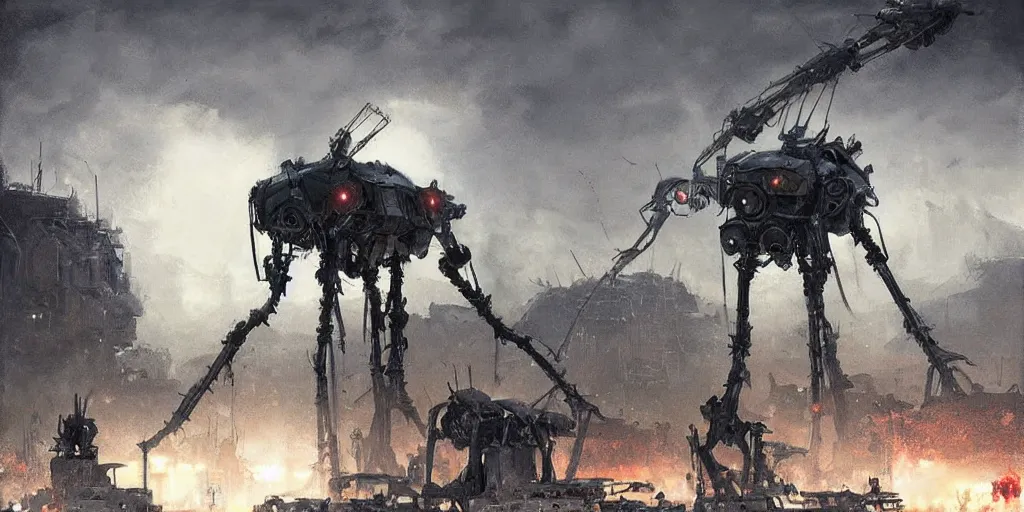 Image similar to war of the worlds, giant mech, human soldiers, intense fighting, glowing lights! digital painting, very detailed, art by jakub rozalski